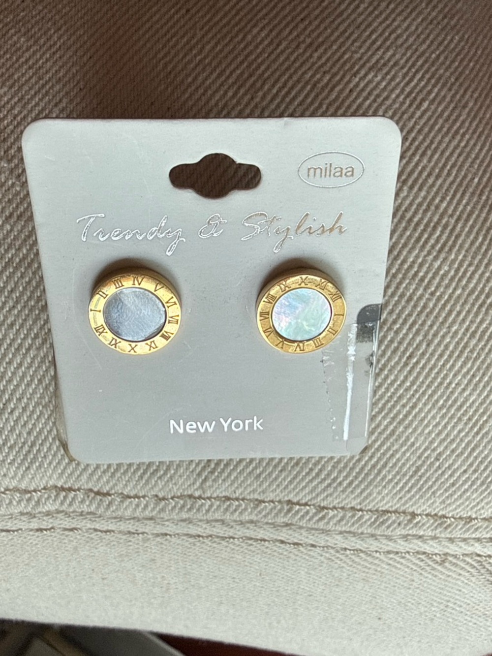 Gold-Tone Mother-of-Pearl Roman Numeral Stud Earrings - White/Gold- New on Card